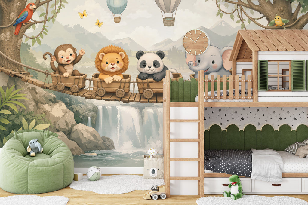Nursery Waterfall Wallpaper : Pastel Animal Train and Bridge Kids Mural