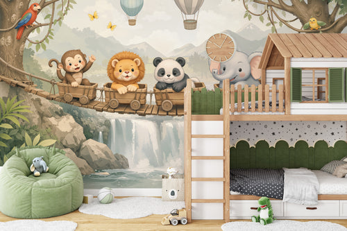 Nursery Waterfall Wallpaper : Pastel Animal Train and Bridge Kids Mural