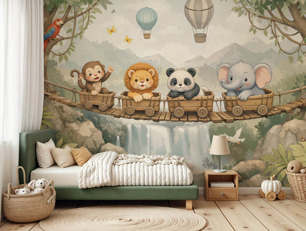 Nursery Waterfall Wallpaper : Pastel Animal Train and Bridge Kids Mural - View 3