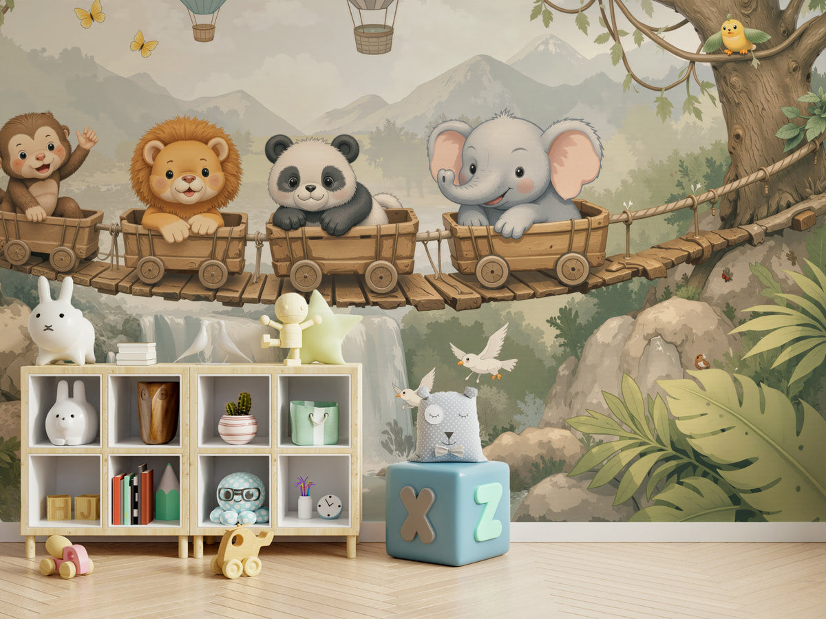 Nursery Waterfall Wallpaper : Pastel Animal Train and Bridge Kids Mural - View 4