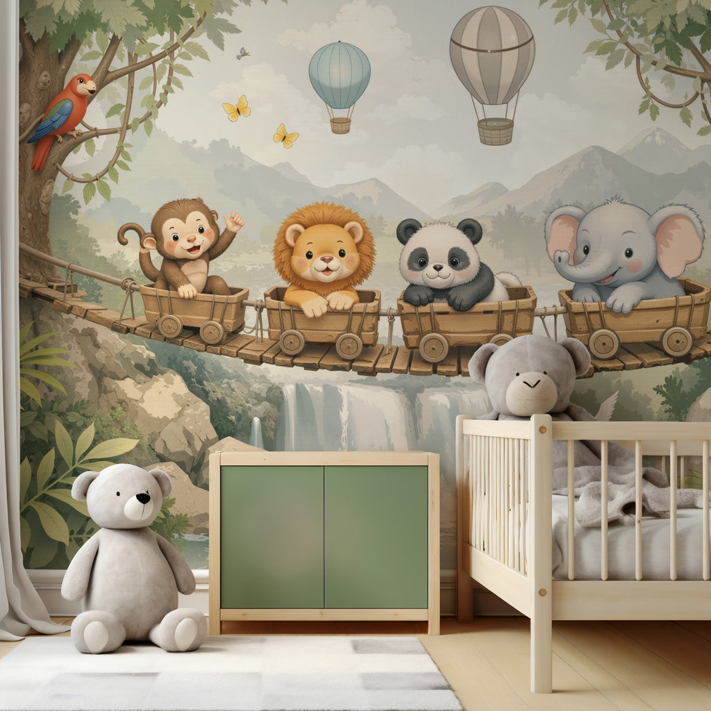 Nursery Waterfall Wallpaper : Pastel Animal Train and Bridge Kids Mural - View 5