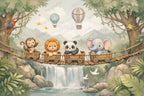 Nursery Waterfall Wallpaper : Pastel Animal Train and Bridge Kids Mural - View 2