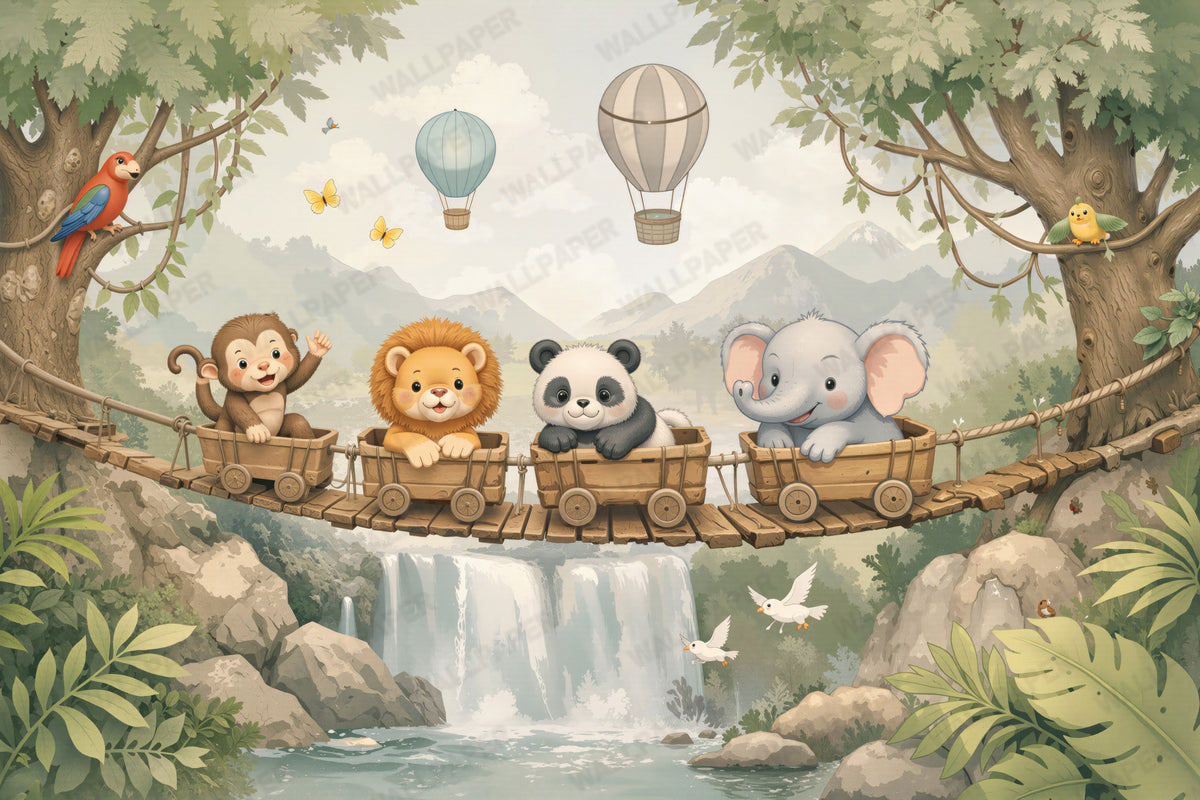 Nursery Waterfall Wallpaper : Pastel Animal Train and Bridge Kids Mural - View 2