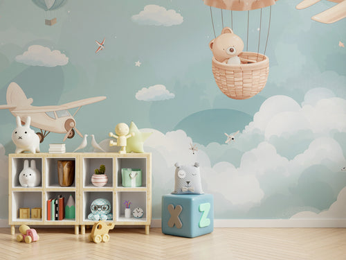 Sky Balloon Animals Wallpaper : Teddy and Biplane Nursery Mural