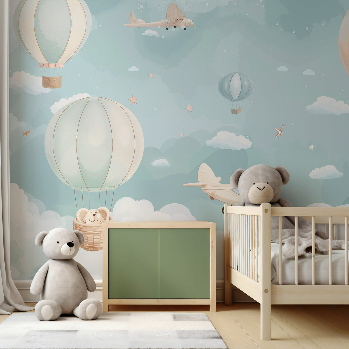 Sky Balloon Animals Wallpaper : Teddy and Biplane Nursery Mural - View 3