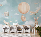 Sky Balloon Animals Wallpaper : Teddy and Biplane Nursery Mural - View 4