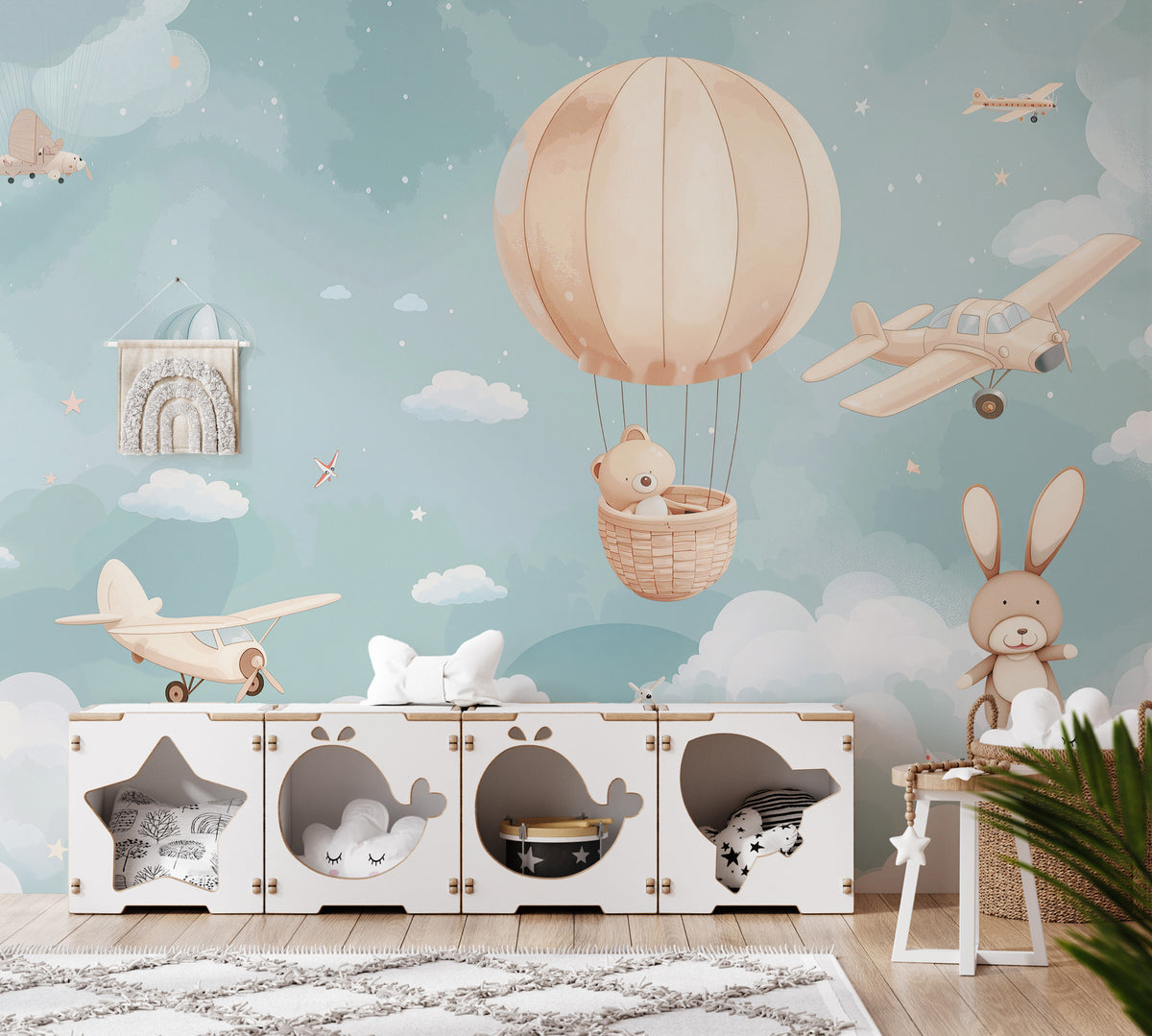 Sky Balloon Animals Wallpaper : Teddy and Biplane Nursery Mural - View 4