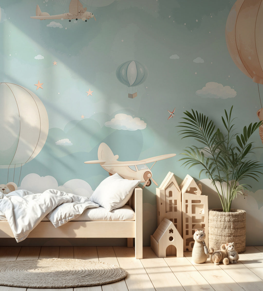Sky Balloon Animals Wallpaper : Teddy and Biplane Nursery Mural - View 5