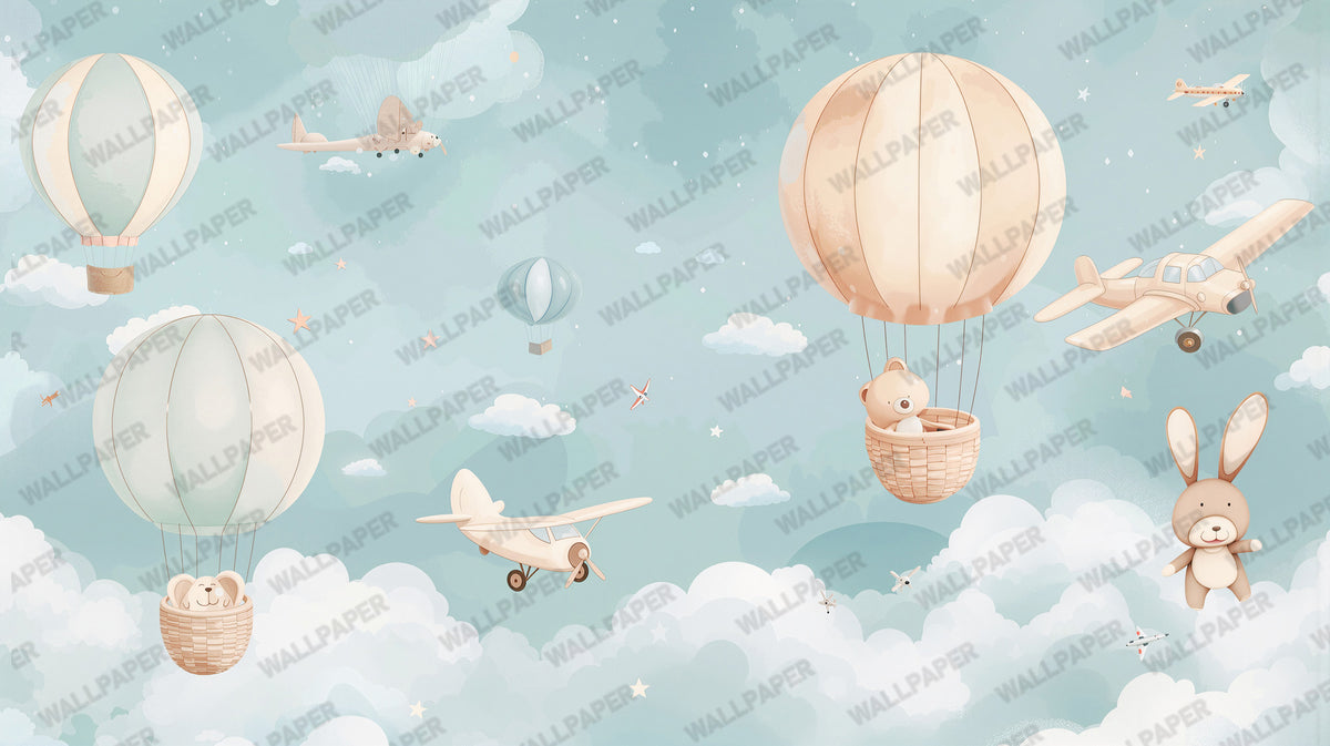Sky Balloon Animals Wallpaper : Teddy and Biplane Nursery Mural - View 2