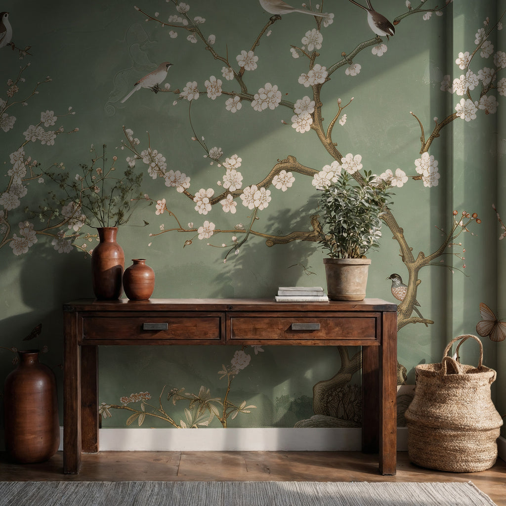 Green Spring Blossom Wallpaper : Sage Branch and White Flower Mural