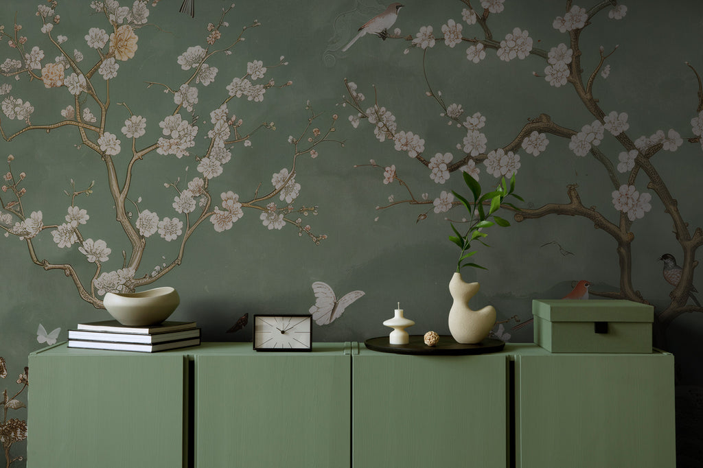 Green Spring Blossom Wallpaper : Sage Branch and White Flower Mural - View 3