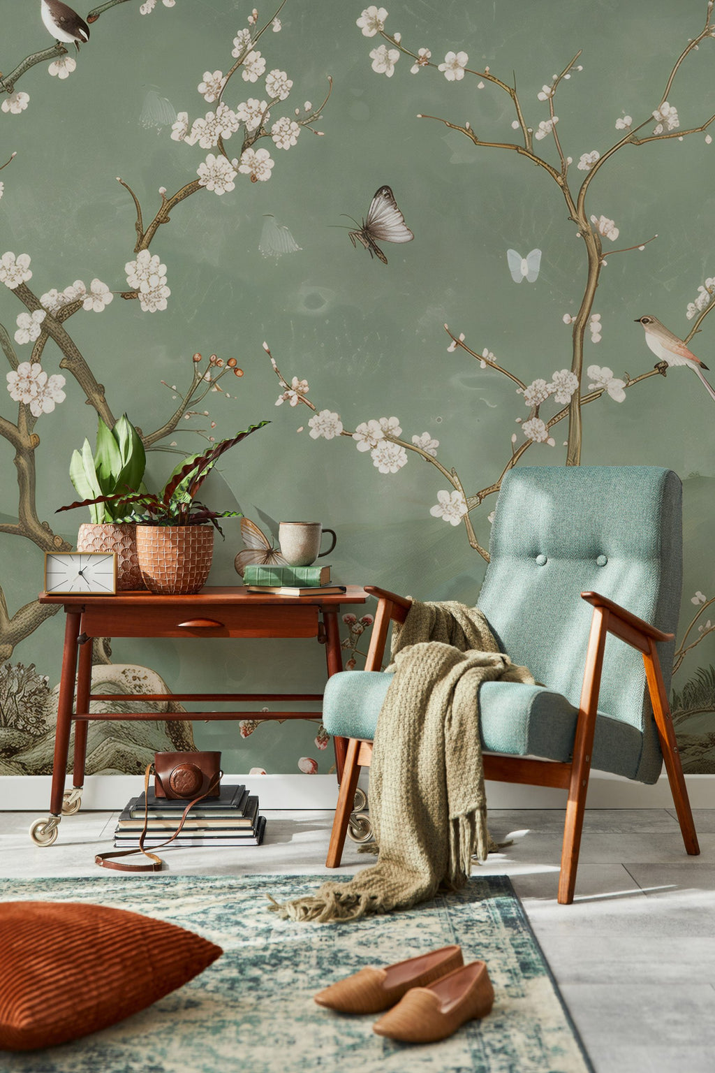 Green Spring Blossom Wallpaper : Sage Branch and White Flower Mural - View 4