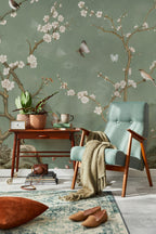 Green Spring Blossom Wallpaper : Sage Branch and White Flower Mural - View 4