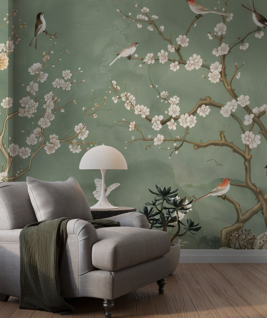 Green Spring Blossom Wallpaper : Sage Branch and White Flower Mural - View 5