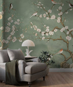 Green Spring Blossom Wallpaper : Sage Branch and White Flower Mural - View 5