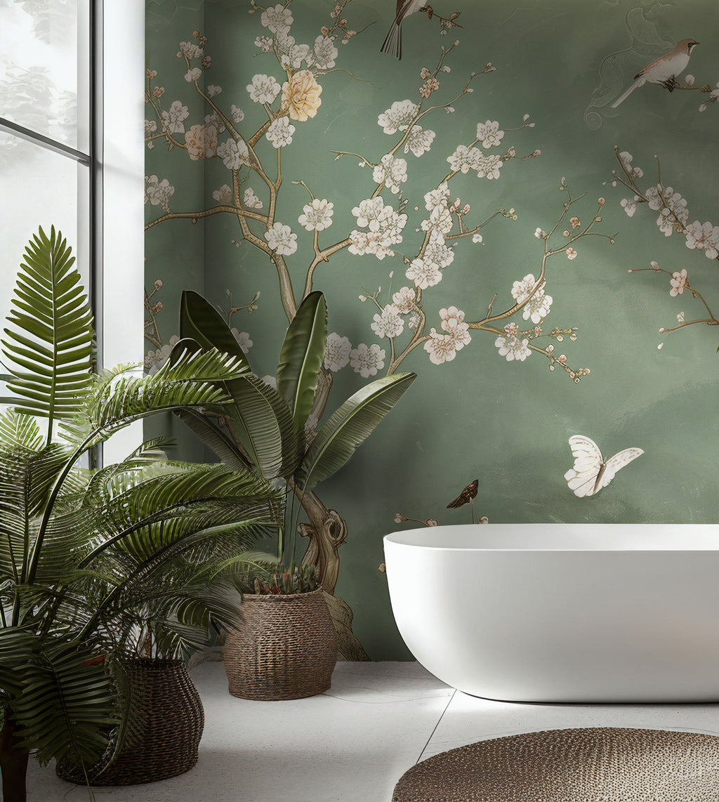Green Spring Blossom Wallpaper : Sage Branch and White Flower Mural - View 6