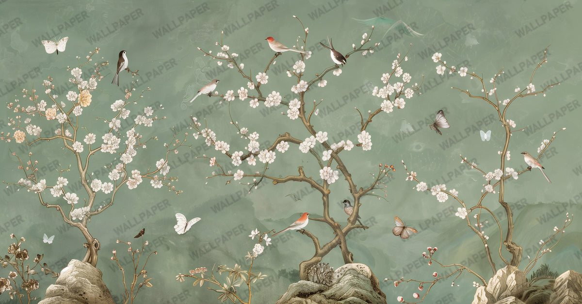 Green Spring Blossom Wallpaper : Sage Branch and White Flower Mural - View 2