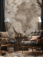 Vintage World Map Wallpaper : Sepia Safari Animal Atlas Mural - View 3