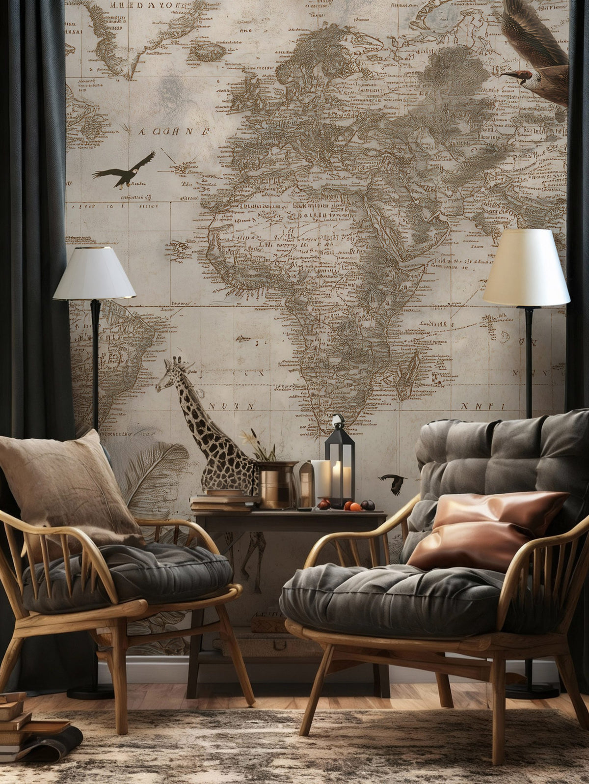 Vintage World Map Wallpaper : Sepia Safari Animal Atlas Mural - View 3