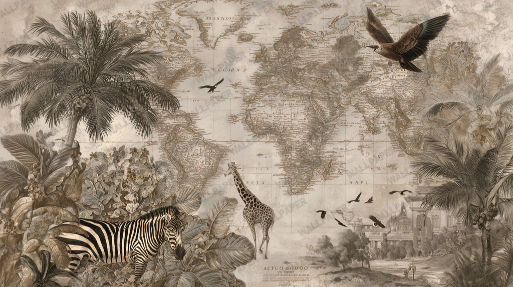 Vintage World Map Wallpaper : Sepia Safari Animal Atlas Mural - View 2