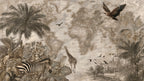 Vintage World Map Wallpaper : Sepia Safari Animal Atlas Mural - View 2