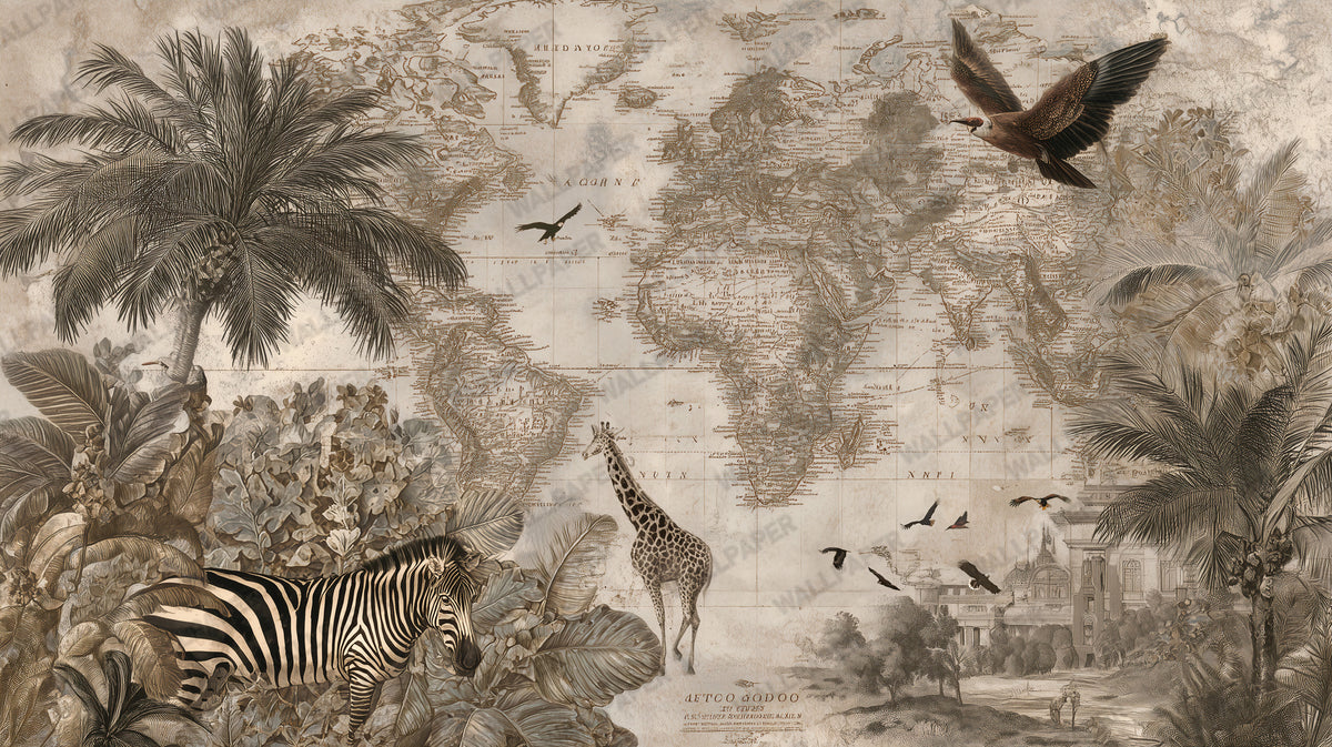 Vintage World Map Wallpaper : Sepia Safari Animal Atlas Mural - View 2