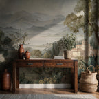 Tuscan Valley Wallpaper : Misty Cypress and Village Landscape