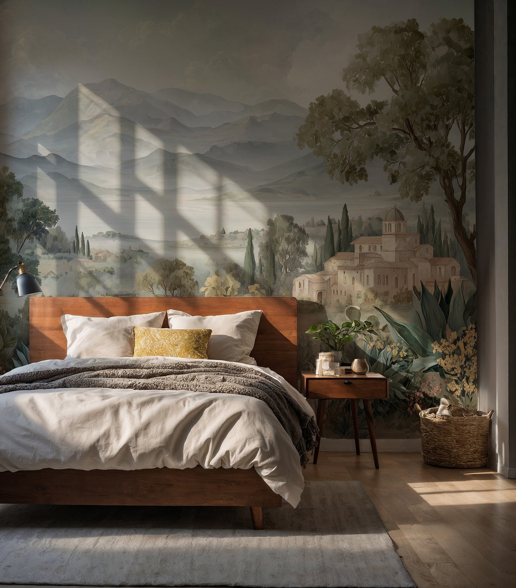 Tuscan Valley Wallpaper : Misty Cypress and Village Landscape - View 3