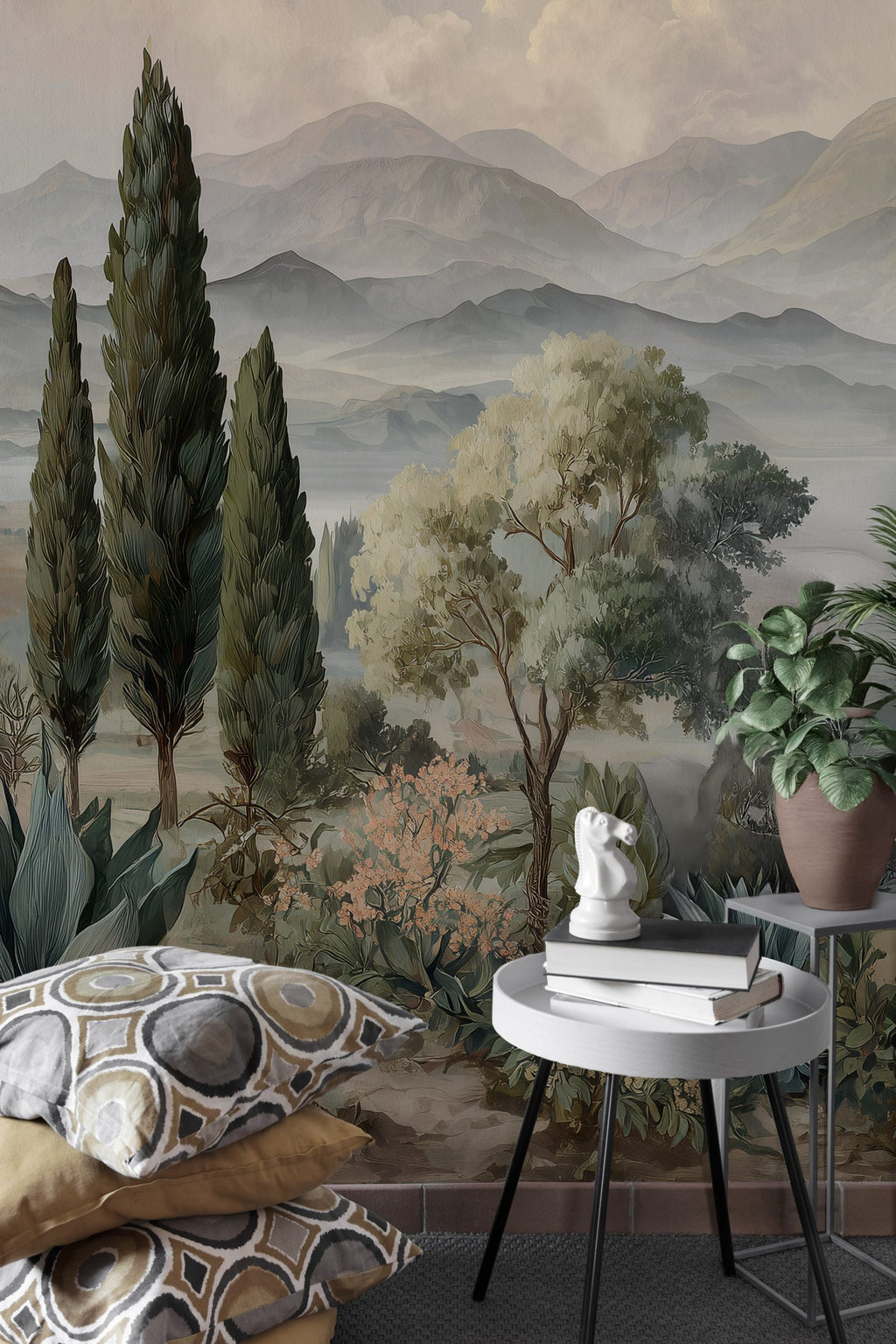 Tuscan Valley Wallpaper : Misty Cypress and Village Landscape - View 4