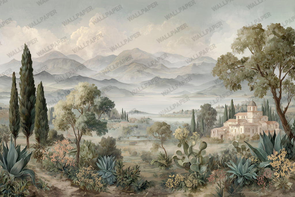Tuscan Valley Wallpaper : Misty Cypress and Village Landscape - View 2