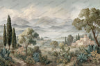 Tuscan Valley Wallpaper : Misty Cypress and Village Landscape - View 2