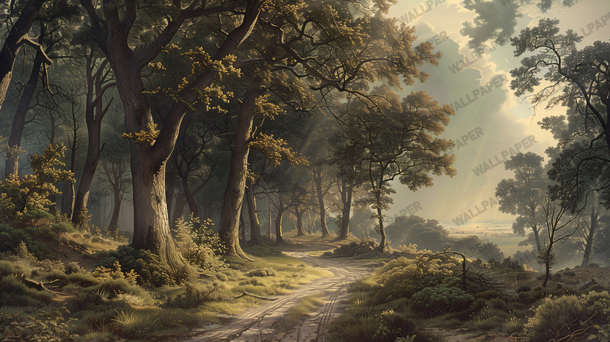 Classic Forest Path Wallpaper : Golden Oak Woodland Scenic Mural - View 2