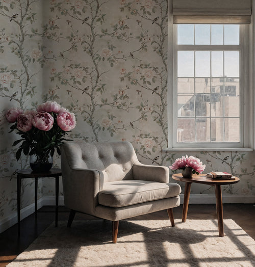 Grey Rose Branch Wallpaper : Soft Vintage Bird Garden Wall Mural