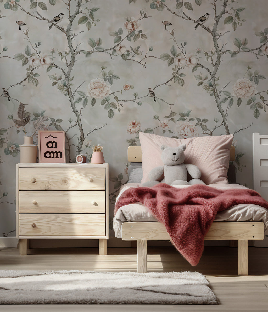 Grey Rose Branch Wallpaper : Soft Vintage Bird Garden Wall Mural - View 3