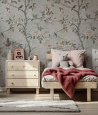 Grey Rose Branch Wallpaper : Soft Vintage Bird Garden Wall Mural - View 3