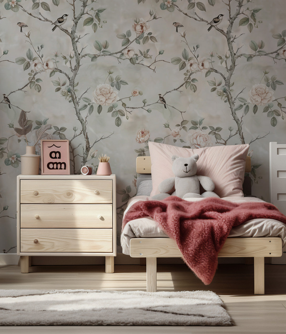 Grey Rose Branch Wallpaper : Soft Vintage Bird Garden Wall Mural - View 3