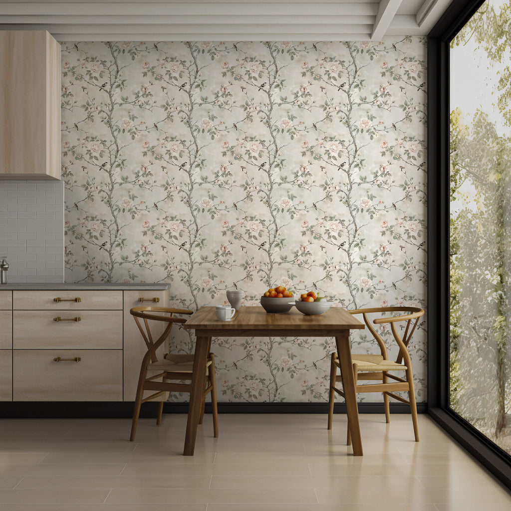 Grey Rose Branch Wallpaper : Soft Vintage Bird Garden Wall Mural - View 4