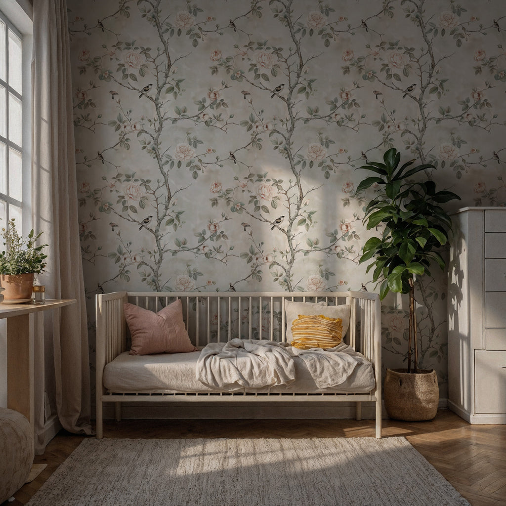 Grey Rose Branch Wallpaper : Soft Vintage Bird Garden Wall Mural - View 5