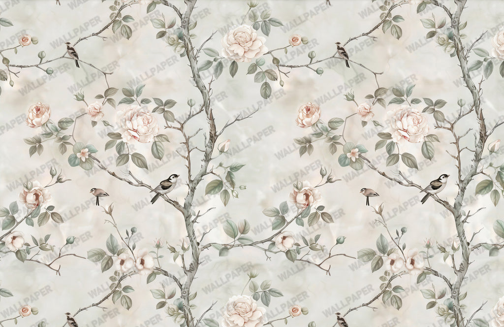 Grey Rose Branch Wallpaper : Soft Vintage Bird Garden Wall Mural - View 2
