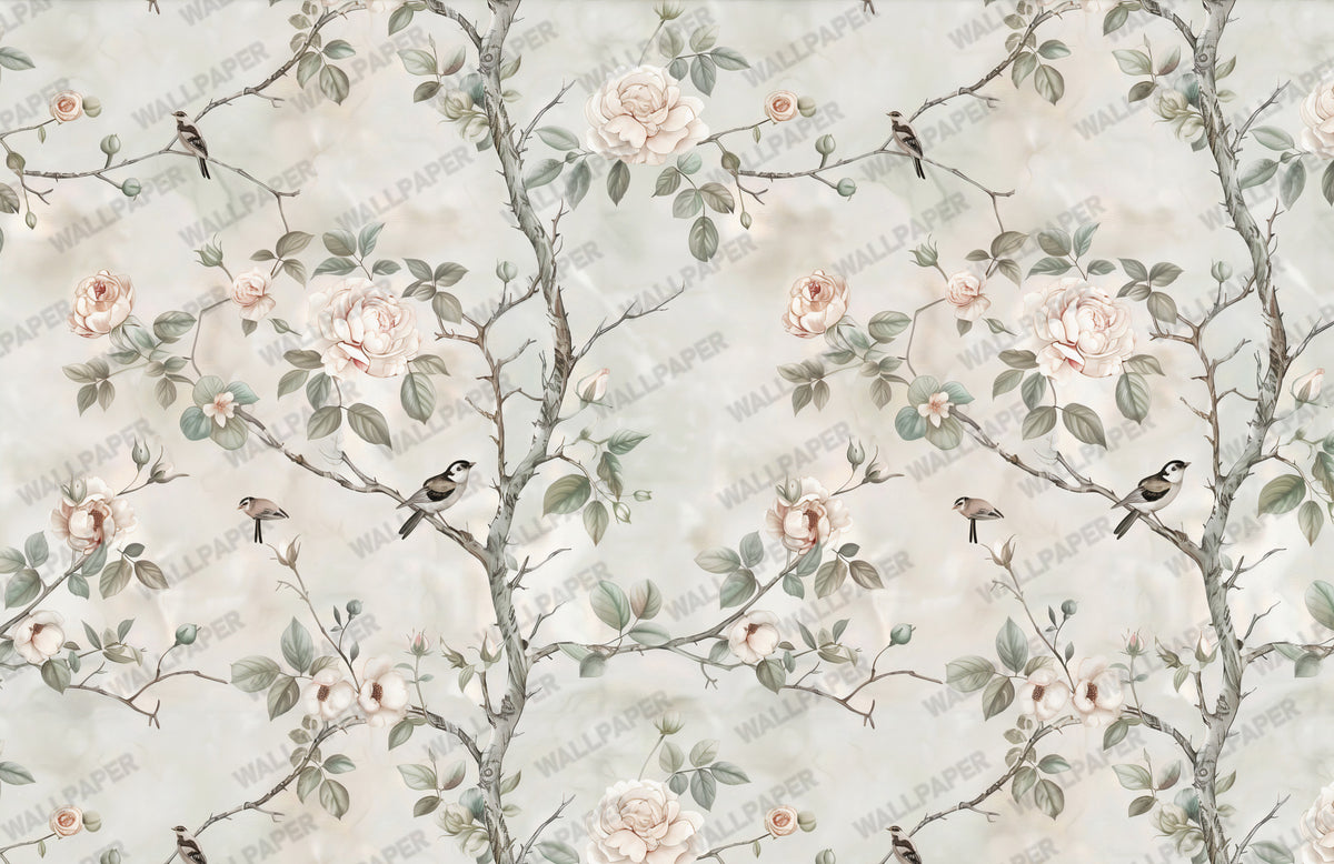 Grey Rose Branch Wallpaper : Soft Vintage Bird Garden Wall Mural - View 2