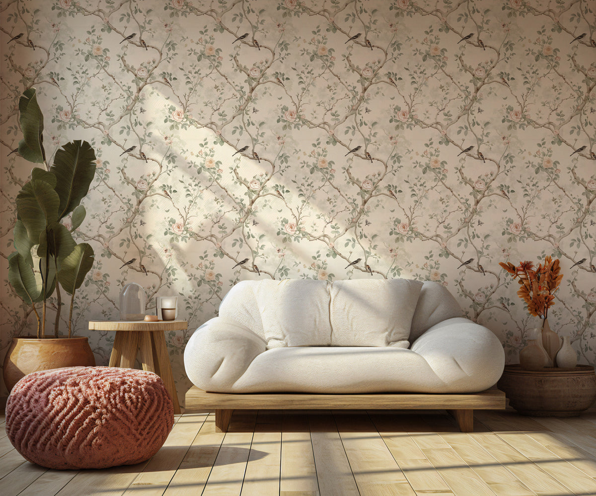 Ivory Rose Trellis Wallpaper : Climbing Chinoiserie Bird Mural - View 4