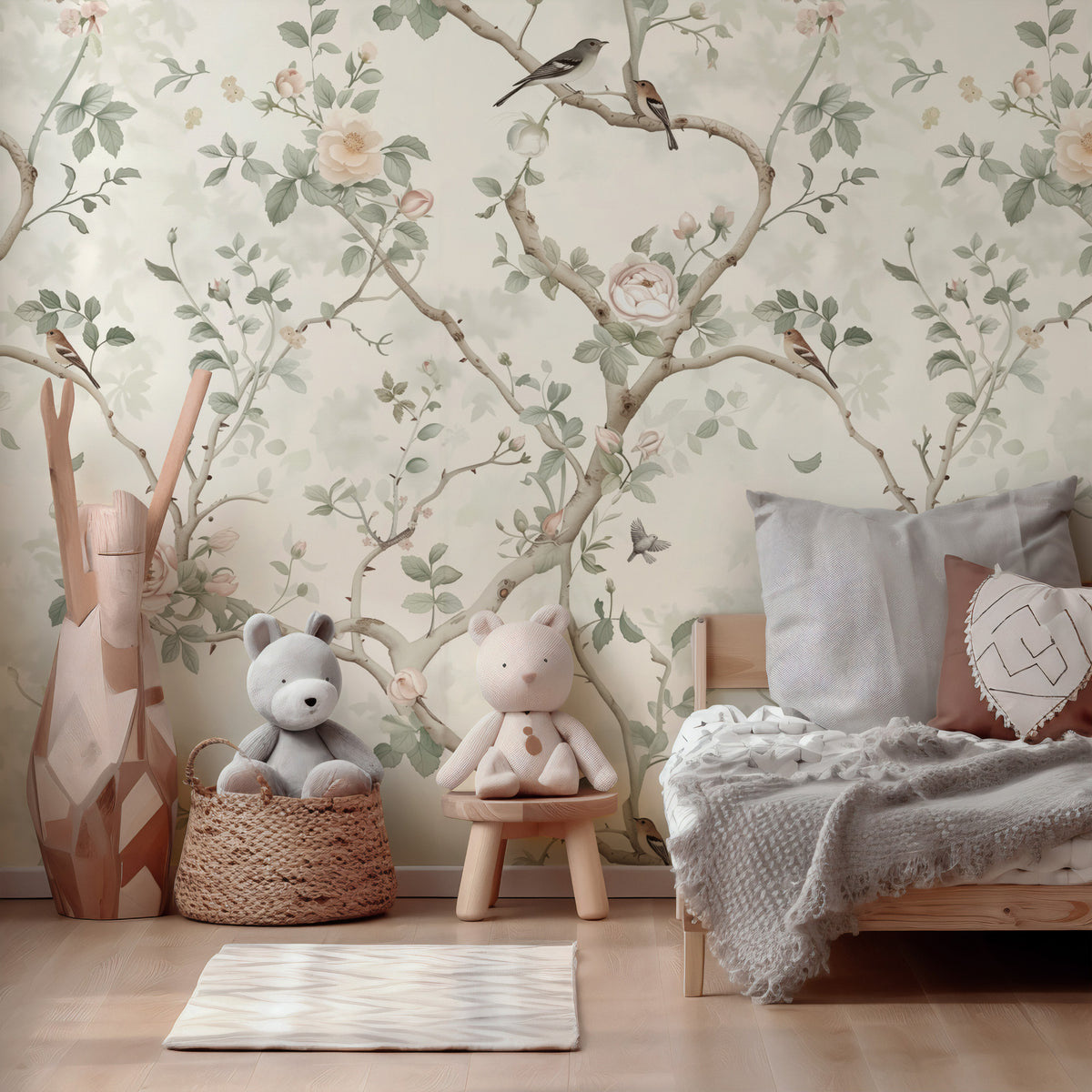 Ivory Rose Trellis Wallpaper : Climbing Chinoiserie Bird Mural - View 5