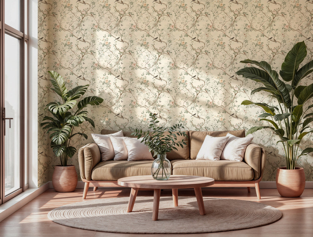 Ivory Rose Trellis Wallpaper : Climbing Chinoiserie Bird Mural