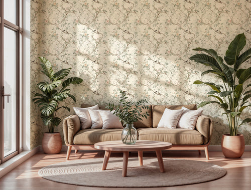Ivory Rose Trellis Wallpaper : Climbing Chinoiserie Bird Mural