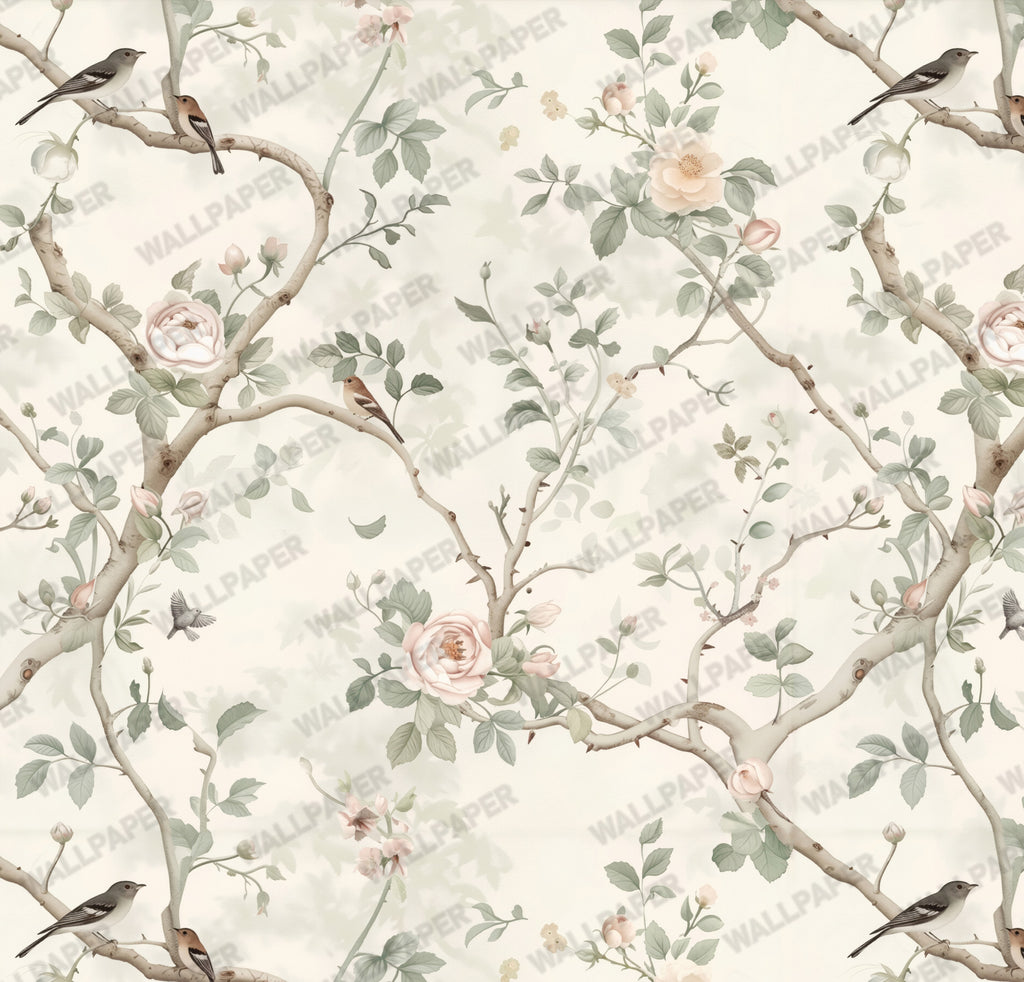 Ivory Rose Trellis Wallpaper : Climbing Chinoiserie Bird Mural - View 2