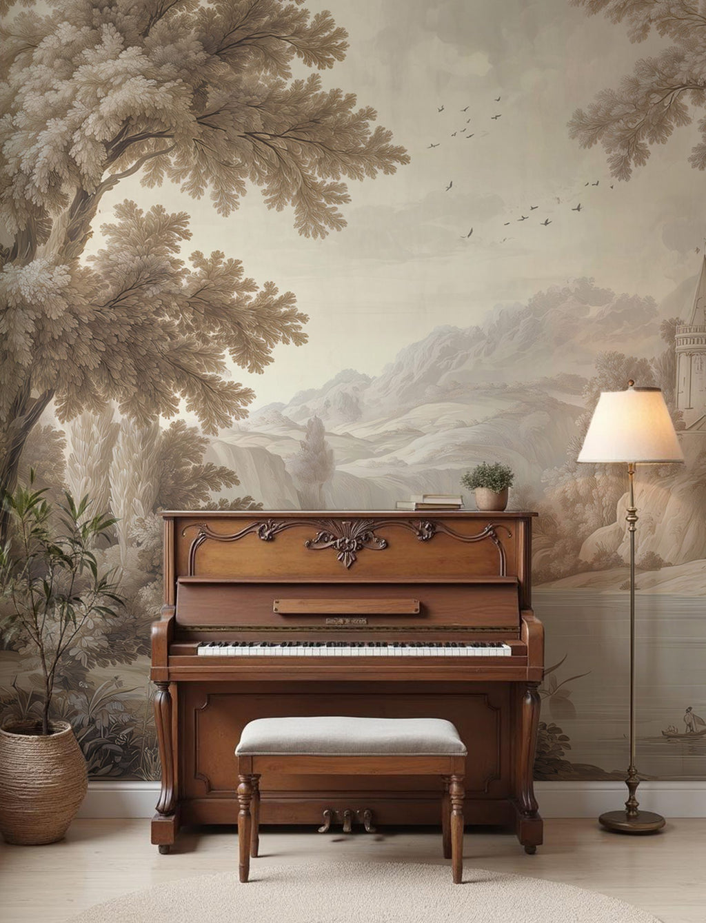 Vintage Castle Landscape Wallpaper : Sepia Grisaille Scenic Wall Mural - View 5