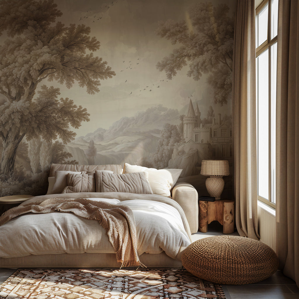 Vintage Castle Landscape Wallpaper : Sepia Grisaille Scenic Wall Mural - View 4
