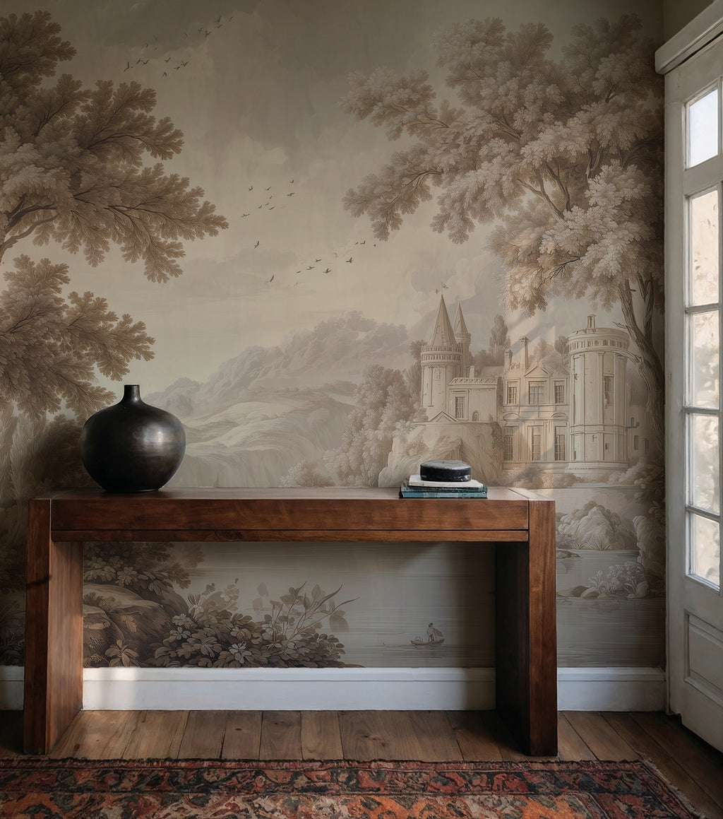 Vintage Castle Landscape Wallpaper : Sepia Grisaille Scenic Wall Mural - View 3