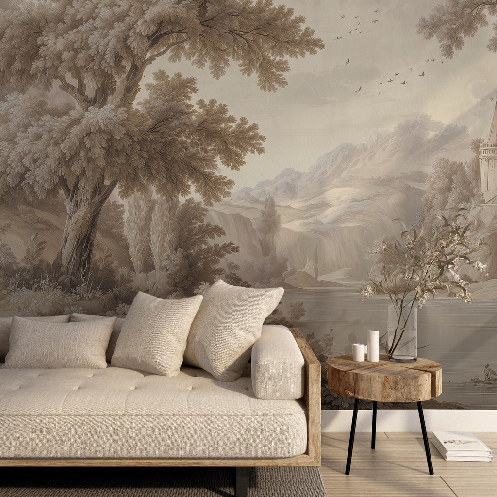 Vintage Castle Landscape Wallpaper : Sepia Grisaille Scenic Wall Mural