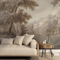 Vintage Castle Landscape Wallpaper : Sepia Grisaille Scenic Wall Mural
